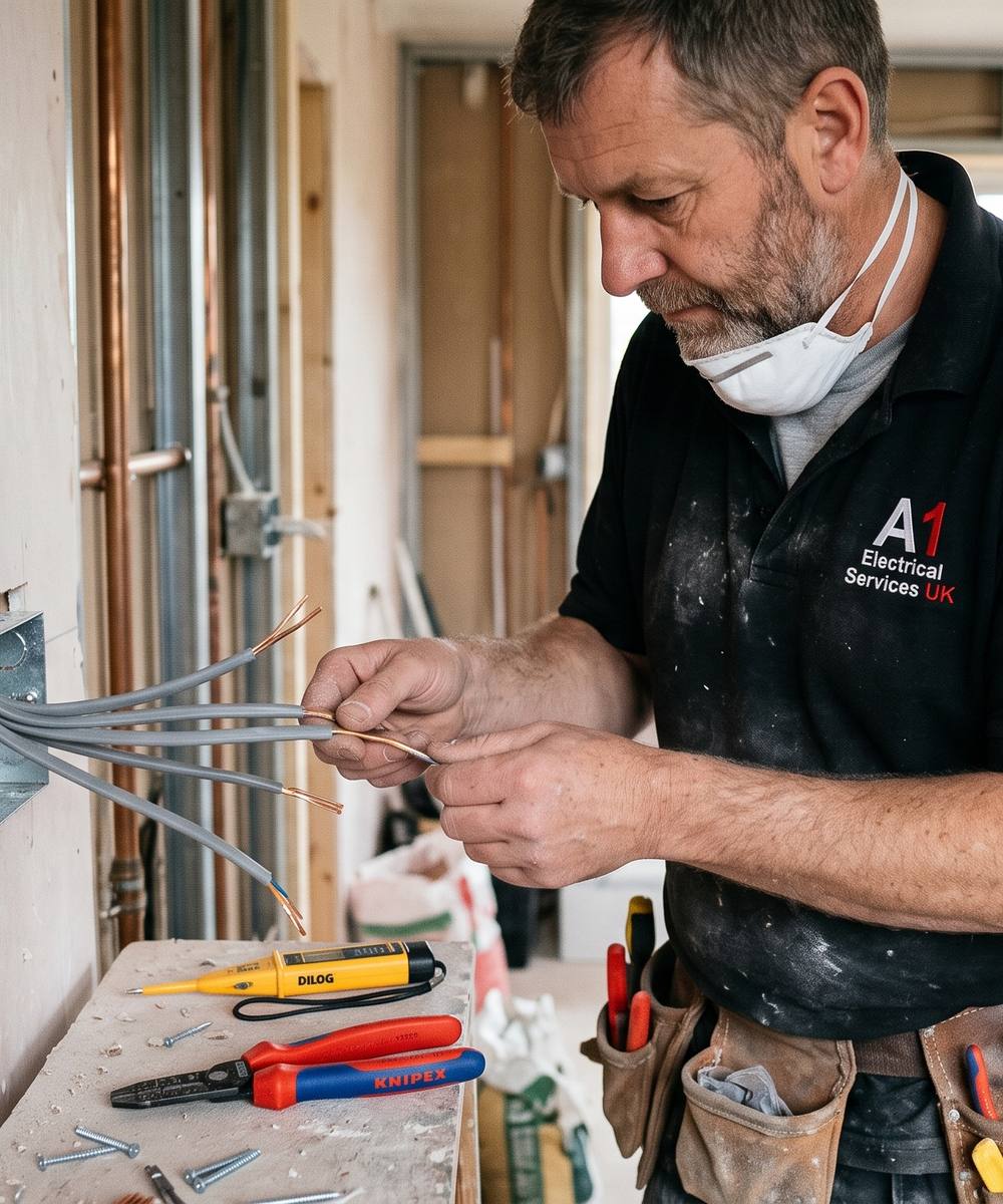 Electrician preparing cables at a back box on a UK domestic site