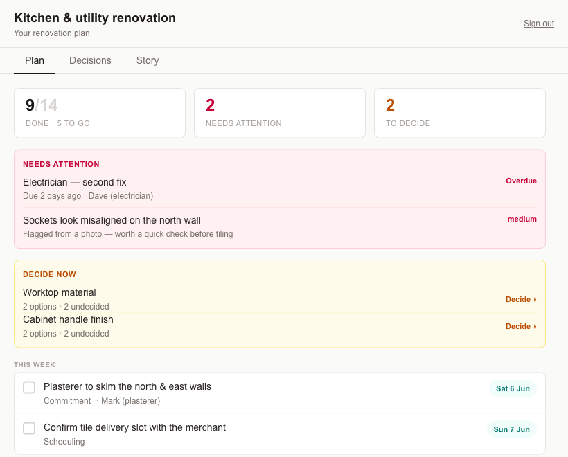 The Stable homeowner portal showing project progress, items needing attention, decisions to make and this week's tasks