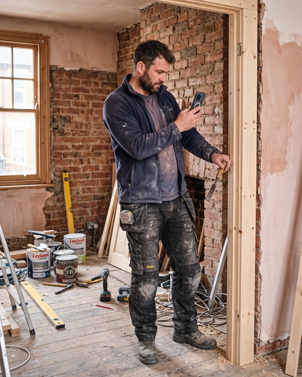 A carpenter on a domestic site photographing a new door lining on his phone, chisel still in hand