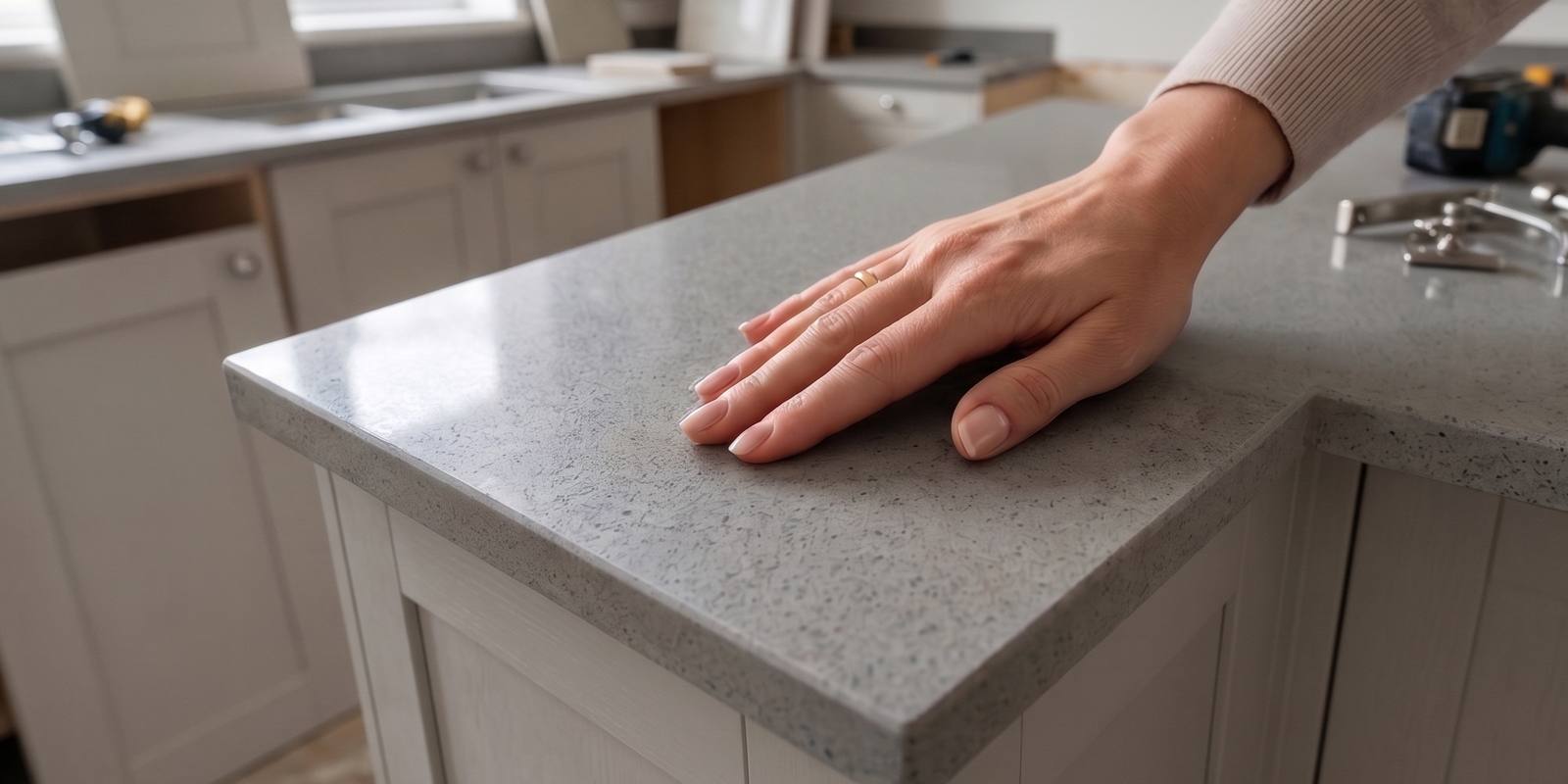 A hand running across a newly fitted kitchen worktop
